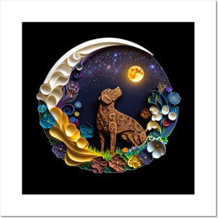 Chocolate Brown Labrador Retriever Dog in Space Full Moon Glowing Planets Stars Art Posters and Art